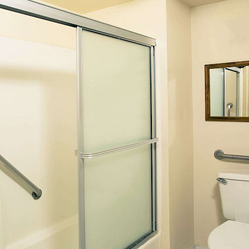 A bathroom with a toilet, a sliding glass shower door, a towel rack, a mirror, and handrails on the wall for accessibility ends the sentence.