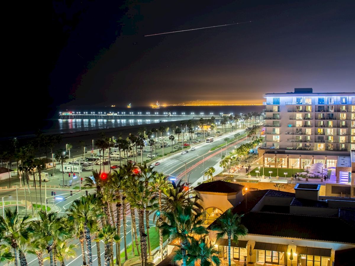 A nighttime view of a coastal city featuring palm trees, illuminated buildings, and a pier extending into the water under a dark sky.